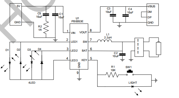 PB0053E(1A 開(kāi)關(guān)充放移動(dòng)電源管理方案)